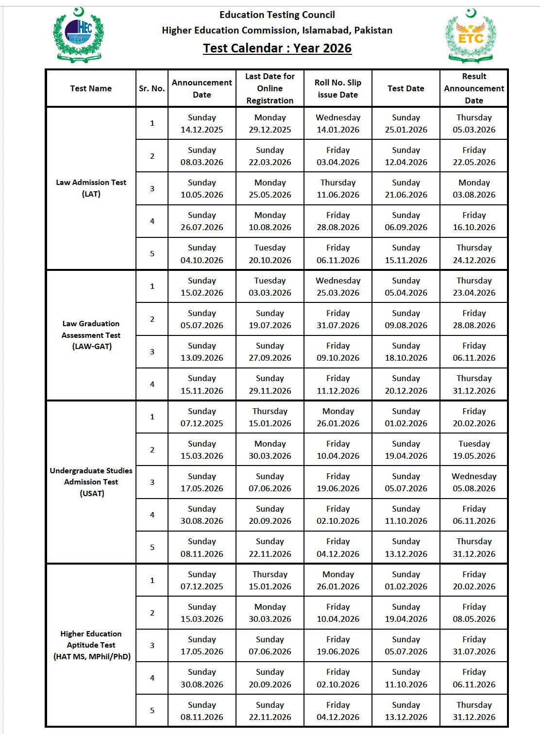 HEC Test Calendar-2026